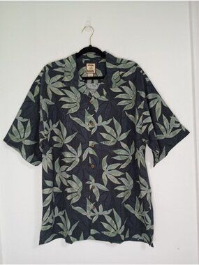 Tommy Bahama Mens Silk Hawaiian Shirt Large Black Leaf Print Button-Down